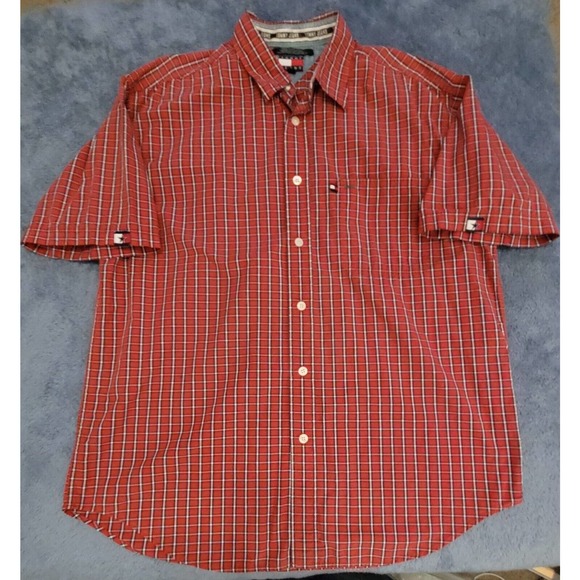 Vintage Tommy Jeans Mens Large Button Down Shirt Red Plaid short sleeve 4 Logo - Picture 1 of 9